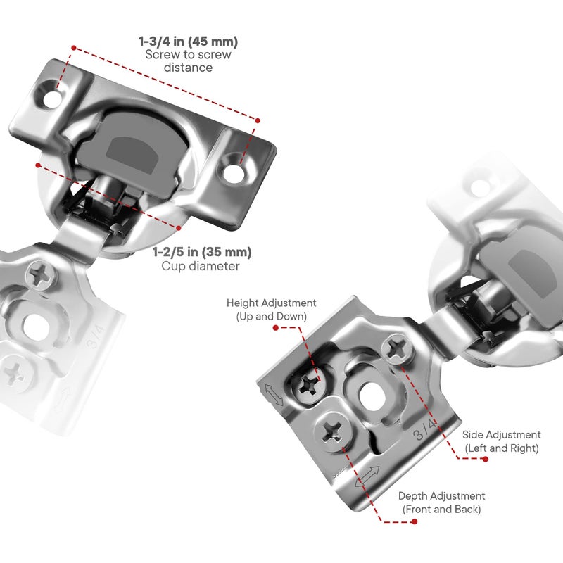 Berta 50-Pack, 3/4 inch Overlay Soft Closing Face Frame Cabinet Hinges, 105 Degree 6-Ways 3-Cam Adjustment Concealed Kitchen Cabinet Door Hinges with Screws (3/4 in. Overlay, 50 Pieces) - Image 3